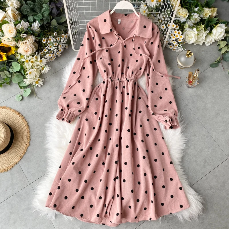 SINGRAIN женское длинное вельветовое платье в горошек с отложным воротником