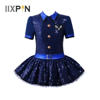 kids girls policewoman cosplay costume short sleeve sequins mesh tutu leotard dress ballet dance dress for role play performance