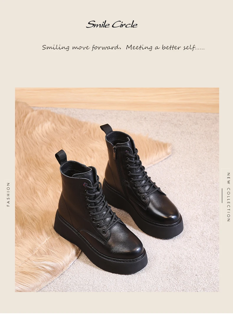 Women Boots Genuine Leather Ankle Boots flat Platform Boots Fashion zipper Thick bottom Black Ladies Shoes