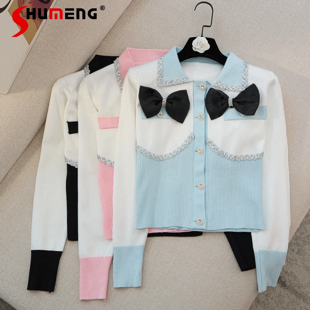 

Женский вязаный кардиган с длинным рукавом, однобортный эластичный кардиган составного кроя с бантом, осень 2021