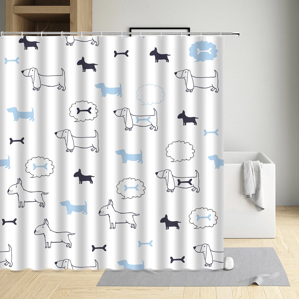 

Cartoons Dog Shower Curtain Bones Sweater Glasses Rain Boots Umbrella Hat Pine Nuts Mushrooms Cloth Bathroom Decor Bath Screen