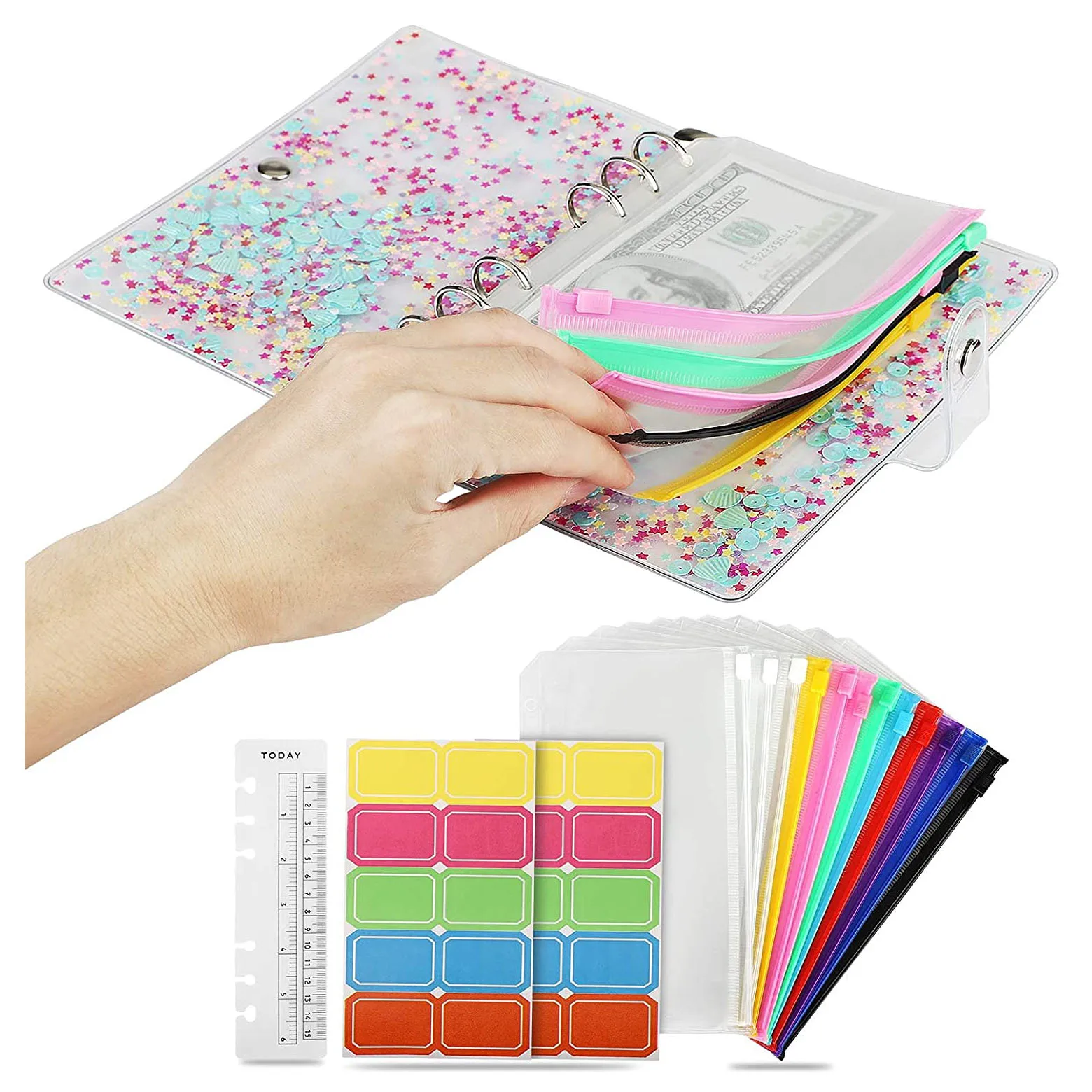 

16PCS A6 Budget Binder with Colored Sequins & 12 Zipper Pockets Envelopes & 2 Label Stickers & Ruler for Cash Bill Card Storage