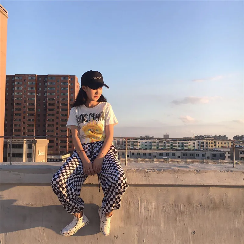 Ins/Модные свободные широкие брюки в стиле Харадзюку с клетчатой доской Черные и