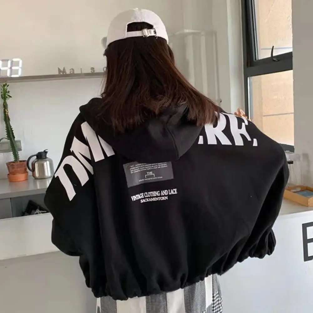 

Hoodies oversized Autumn Women Long Batwing Sleeve Letters Print Plush Hoodie Zipper Loose Coat ropa de mujer 2021