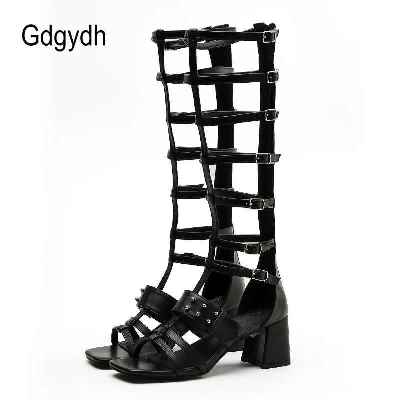 

Gdgydh Gladiator Sandals Women Summer Square Heel Open Toe Back Zipper Hollow Out Fashion Footwear Beach Roman Style Top Quality