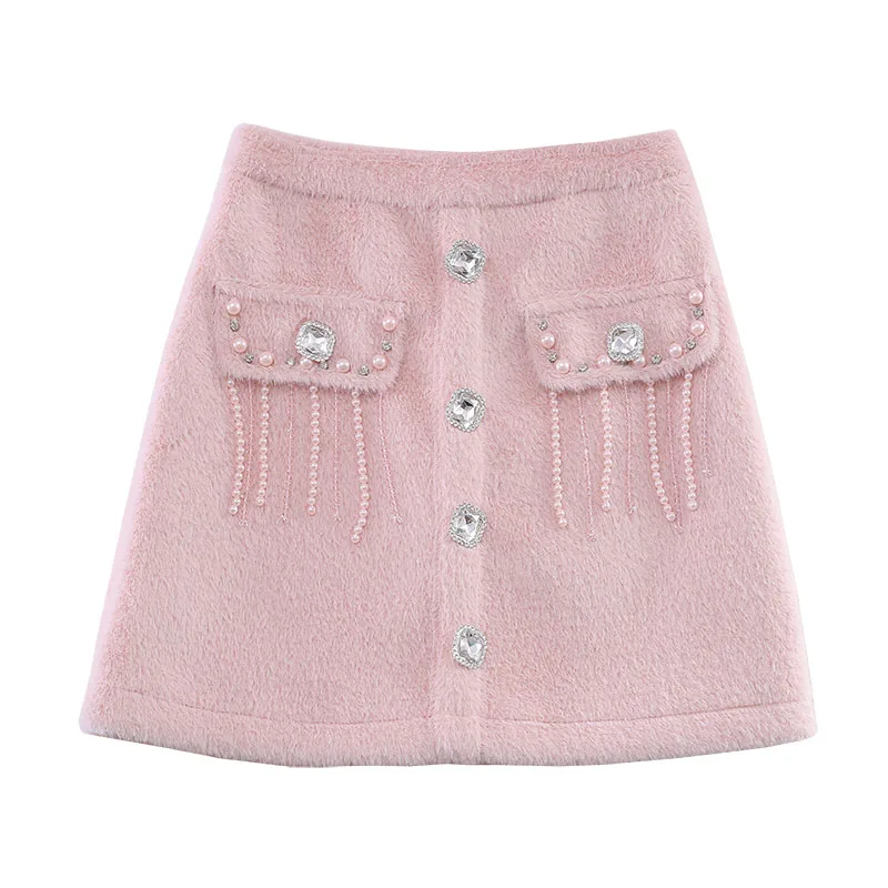 

Autumn winter skirt 2020 brim heavy hammer bead tassel mink wool skirts goddess skirt of tall waist A word