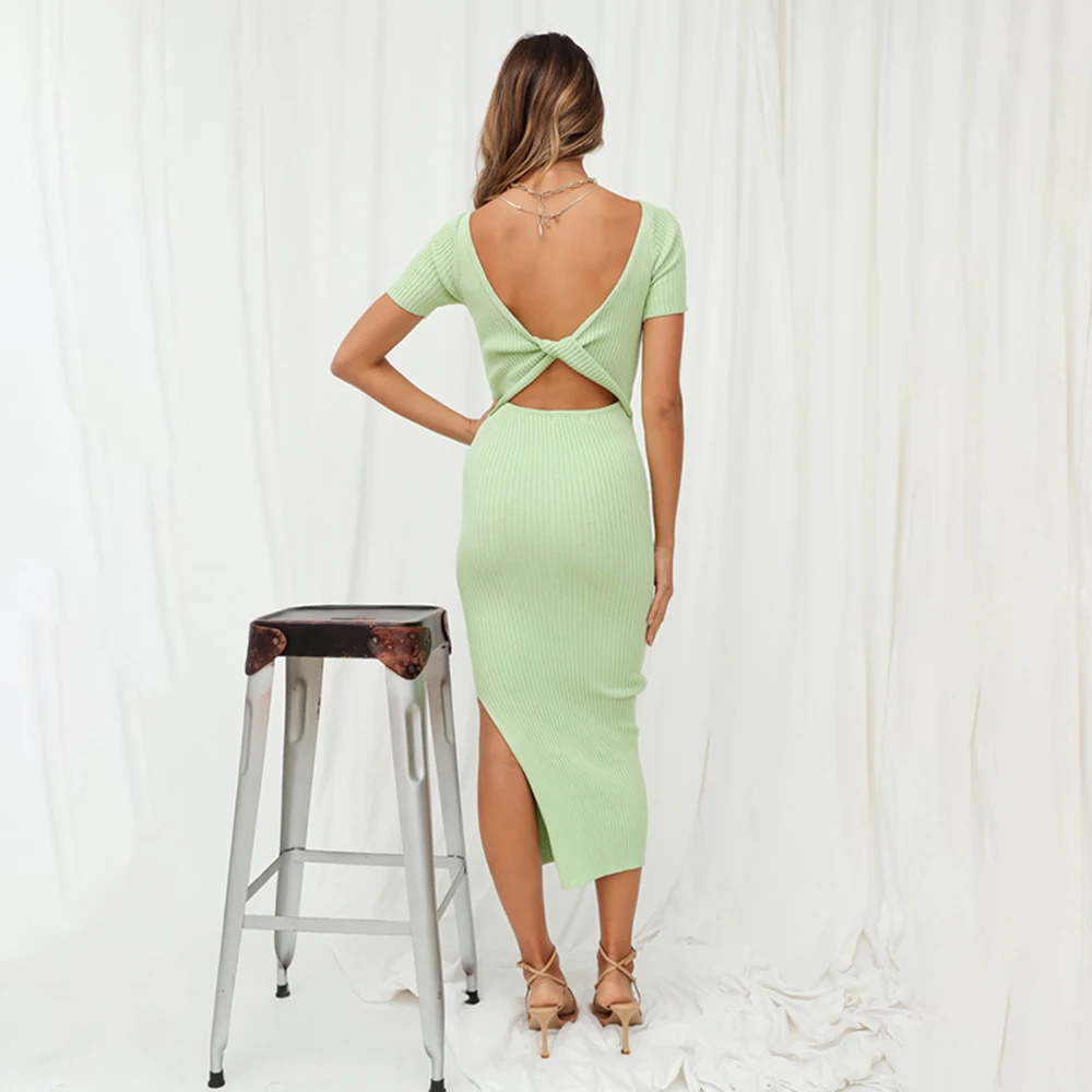 

SLADUO New Summer Elegant Green Short Sleeve Dress For Women 2021 Sexy V Neck Backless Fashion Evening Runway Party Lady Dresses