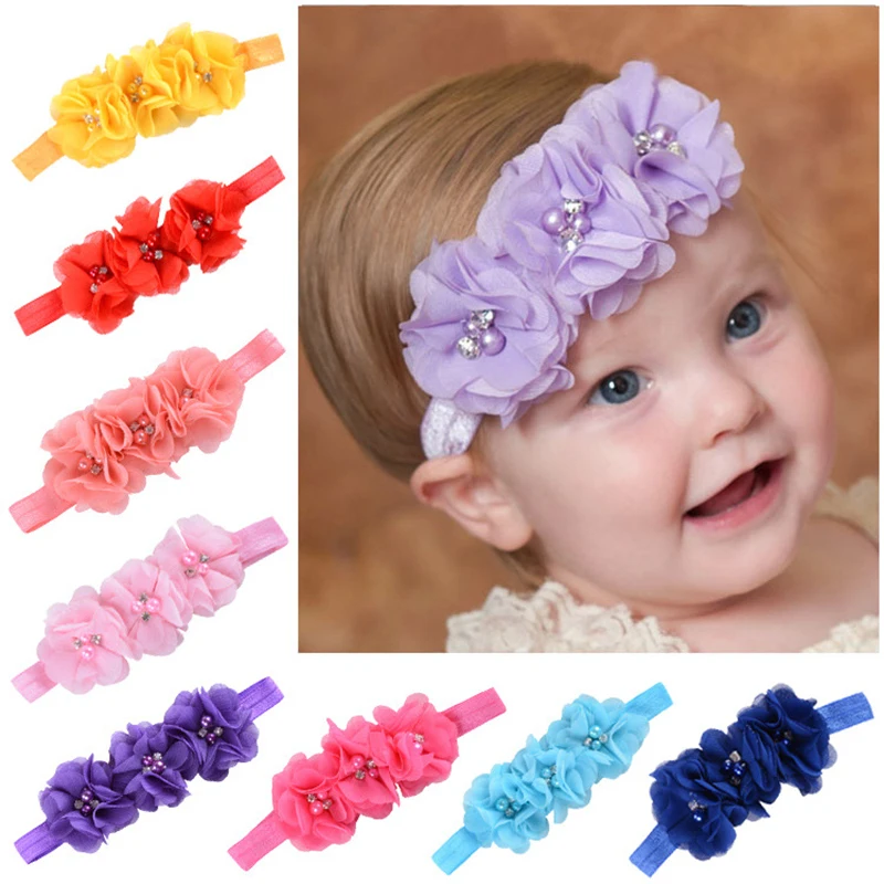 

1 Pcs Baby Hairband Chiffon Flower Tie Bows Headband Newborn Headwear Toddler Ribbon Tiaras Girls Pearl Bow Hair Accessories