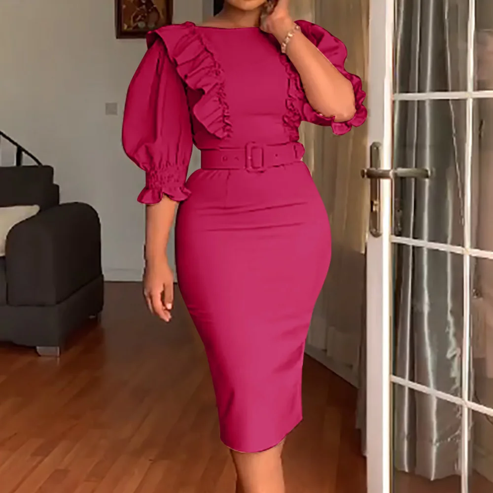 

Women Party Dress Slim Spring And Autumn Round Neck Solid Color High Waist African Office Lady Midi Dresses Blue Bodycon Dresse