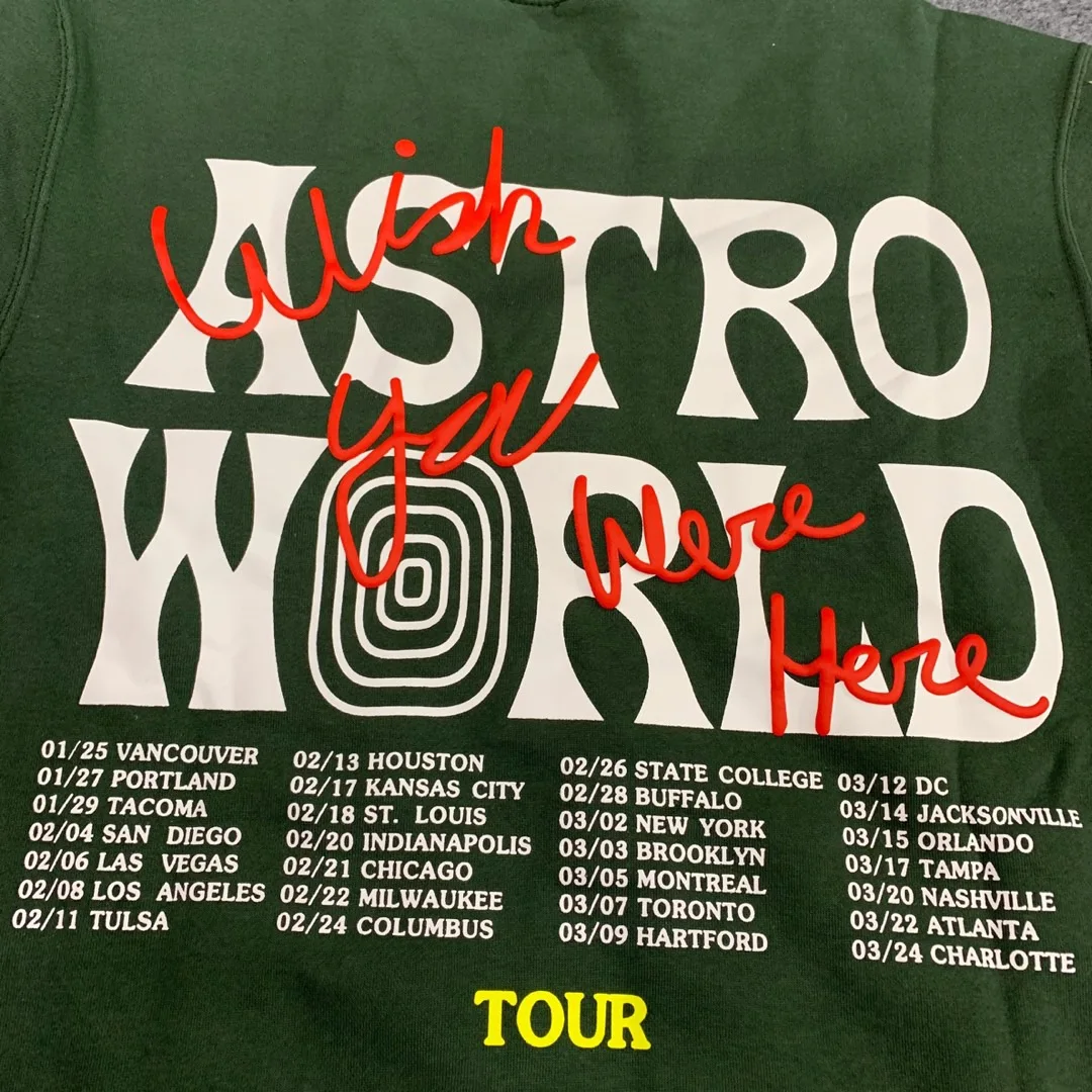 

Travis Scott AstroWorld Bear Sweatshirts Men Women Wish You Were Here Army Green Sweatshirts Crewneck Hoodies Men