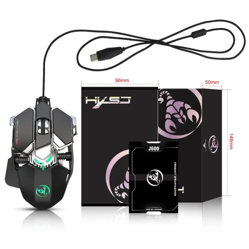 

Ergonomic J600 Gaming Mouse 9 Keys Programmable Wired Mechanical Silent Mouse 6400 DPI Adjustable With Backlight For Laptop