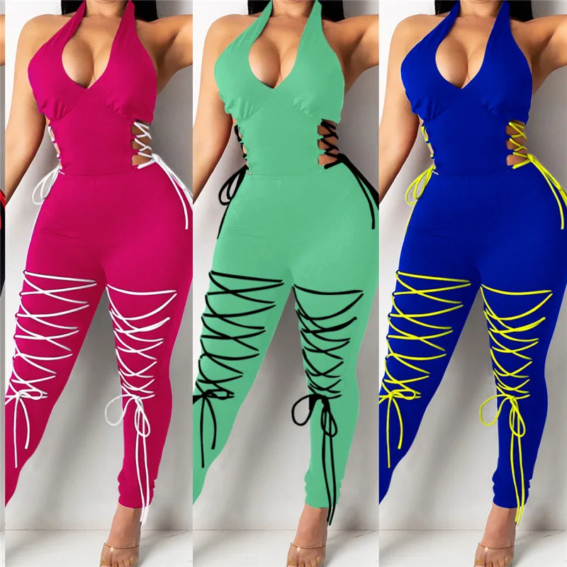 

WUHE в стиле пэчворк пикантные Комбинезоны на шнуровке с v-образным вырезом без рукавов с открытыми плечами, без рукавов, с открытой спиной пос...