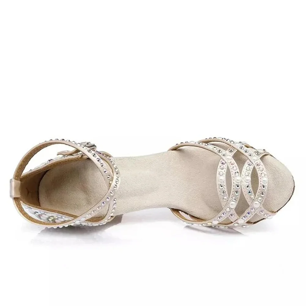 Pearl Rhinestone Latin Salsa Performance Dance Shoes Samba Rumba Ladies Soft Sole Shining Party Ballroom Dance Shoes Girl Heel