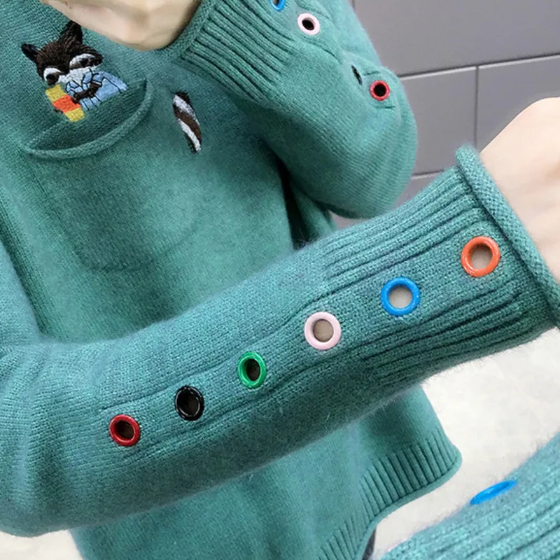 Женский трикотажный свитер PEONFLY свободный зеленый джемпер с вышивкой в Корейском