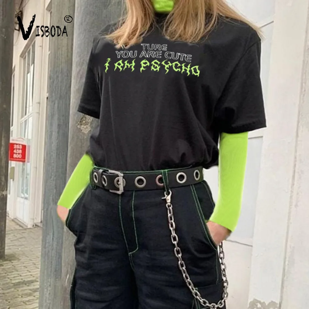 Неоновая зеленая Лоскутная свободная футболка Harajuku трикотажная водолазка Топ