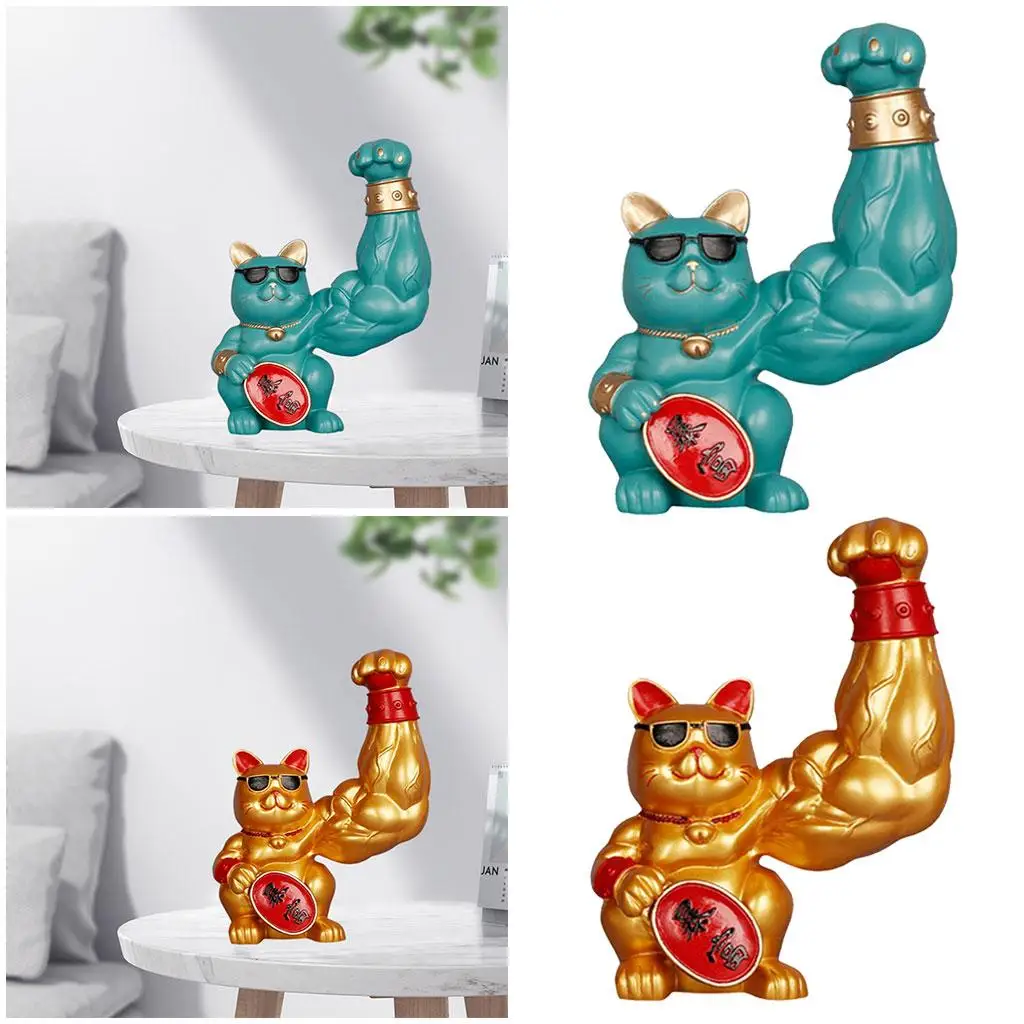 

2pcs Chinese Muscle Arm Lucky Cat Figurine Fortune Waving Arm For Car Gold 1