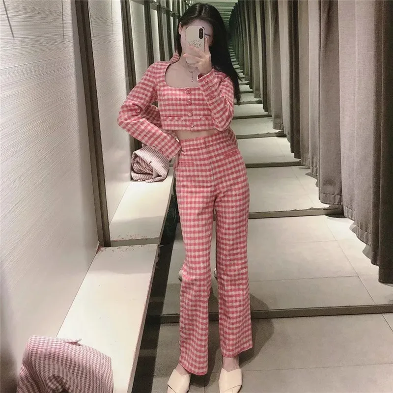 

PSEEWE Set Woman 2 Pieces Summer Za 2021 Pants Sets Pink Plaid Crop Top Women Outfit Fashion High Waist Flared Pants Female Suit