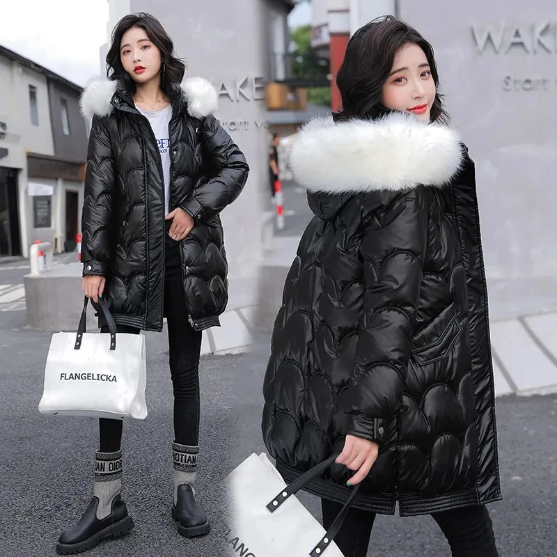 Winter Jackets 2023 Shiny Women's Parkas High Quality Fur Collar Mid-Lenth Parka Hooded Padded Cotton Jacket Casual Coats Female