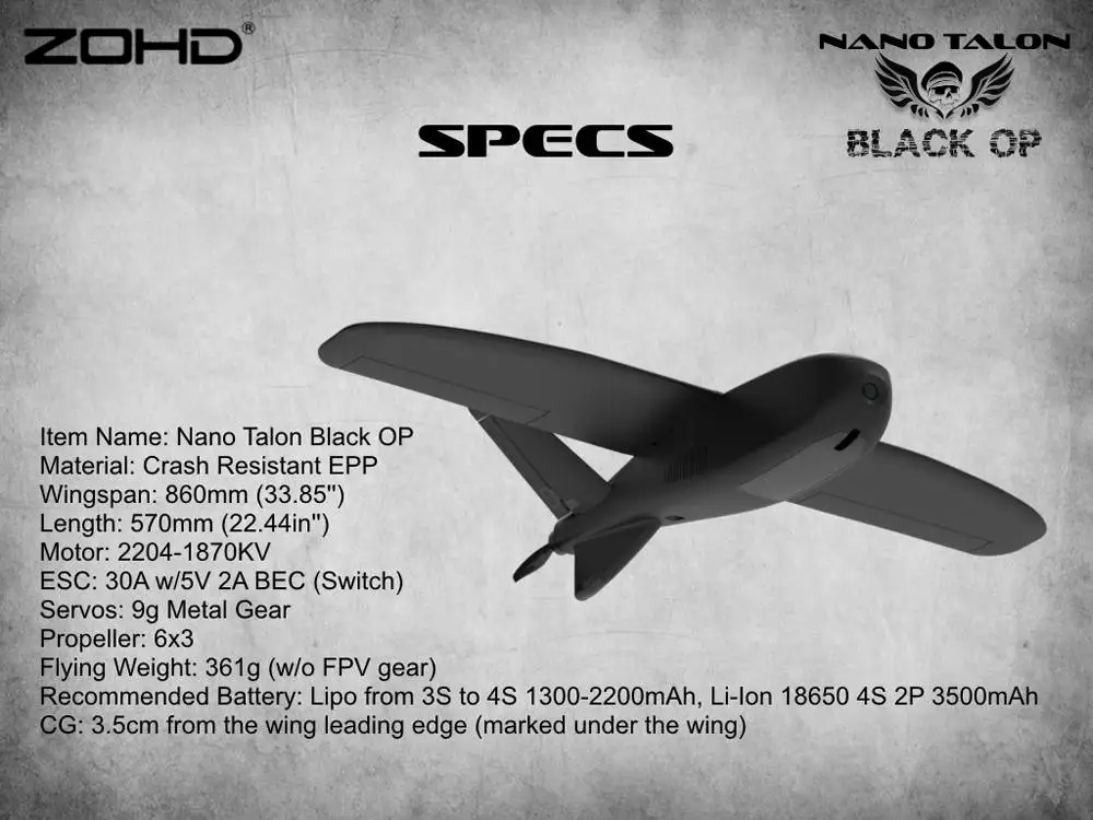 ZOHD Talon черный/белый OP 860 мм размах крыльев AIO V-Tail EPP FPV крыло RC самолет PNP w/FPV готов Ограниченная серия гироскоп