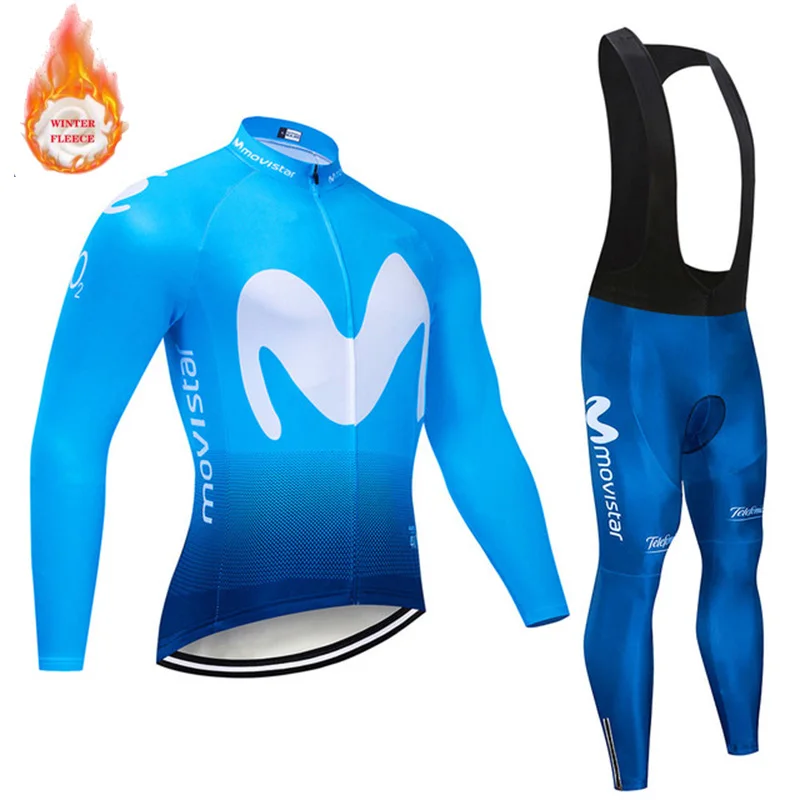 

New MOVISTAR Winter Thermal Fleece Cycling Jersey Set Men Outdoor Riding MTB Ropa Ciclismo Bib Pants Set Warm Cycling Clothing