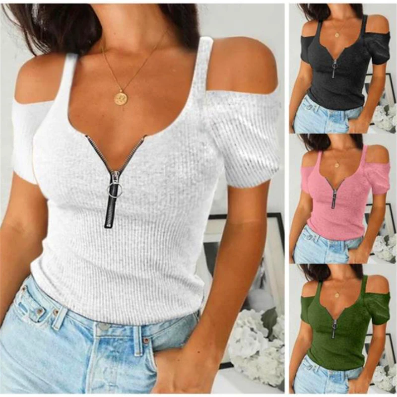

New Women Off Shoulder T-shirts Big Size Summer Zipper Tops Solid Slim Short Sleeve Pullovers Ladies Tees Camiseta De Mujer