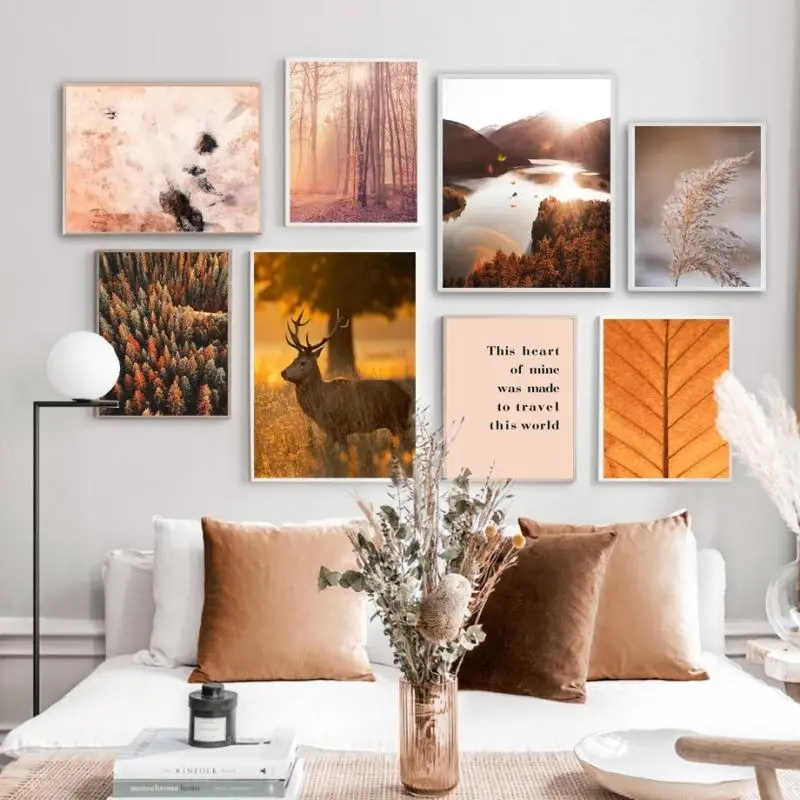 Осенний Желтый Солнечный свет Красивый Ландшафт постер деревья Антилопа озеро