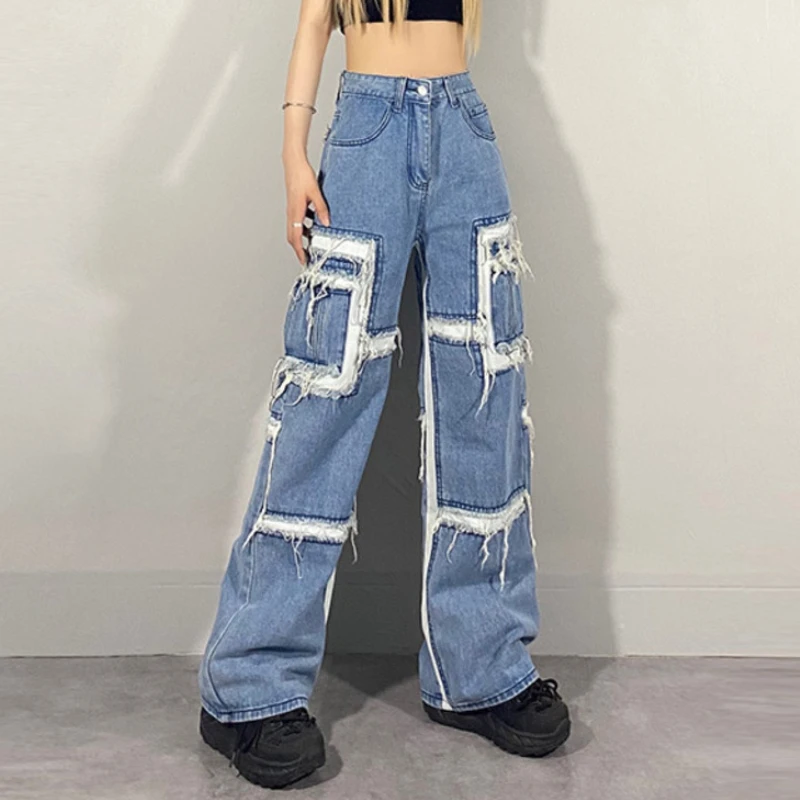 

Ins Women Pants Spring Vintage Hip Hop Black High Waist Jeans Woman Long Trousers Cowboy Female Loose Streetwear Patchwork Jeans