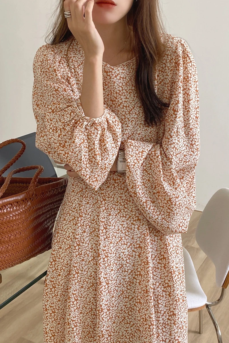

Wavsiyier Print Floral O Neck Woman A-Line Long Sleeve Dress Women Party Dresses 2021 Spring Korean Style Autumn Loose Vintage E