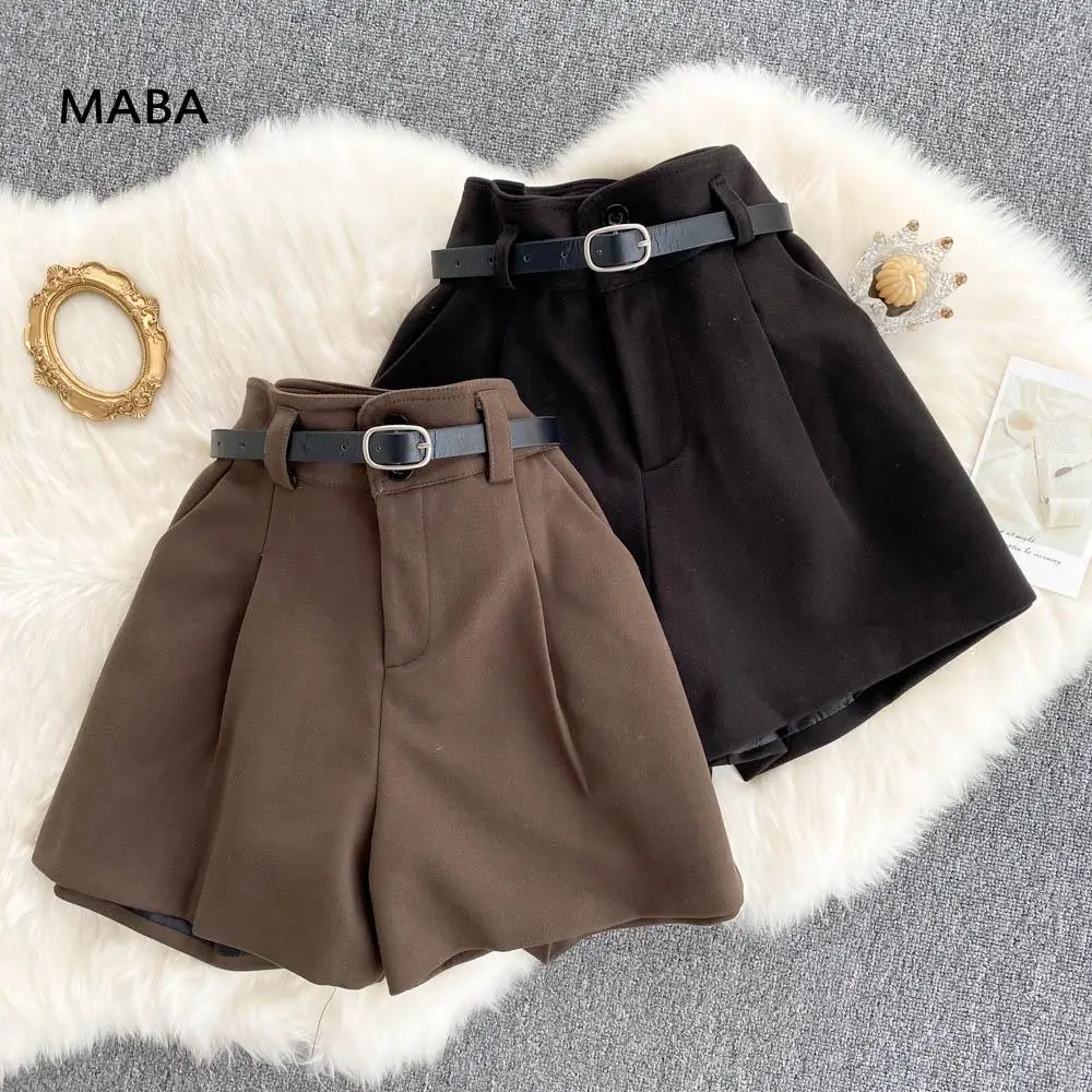 

2021 Autumn winter High Waist Shorts women black brown loose sashes Vintage shorts Booty Shorts Ladies Shorts