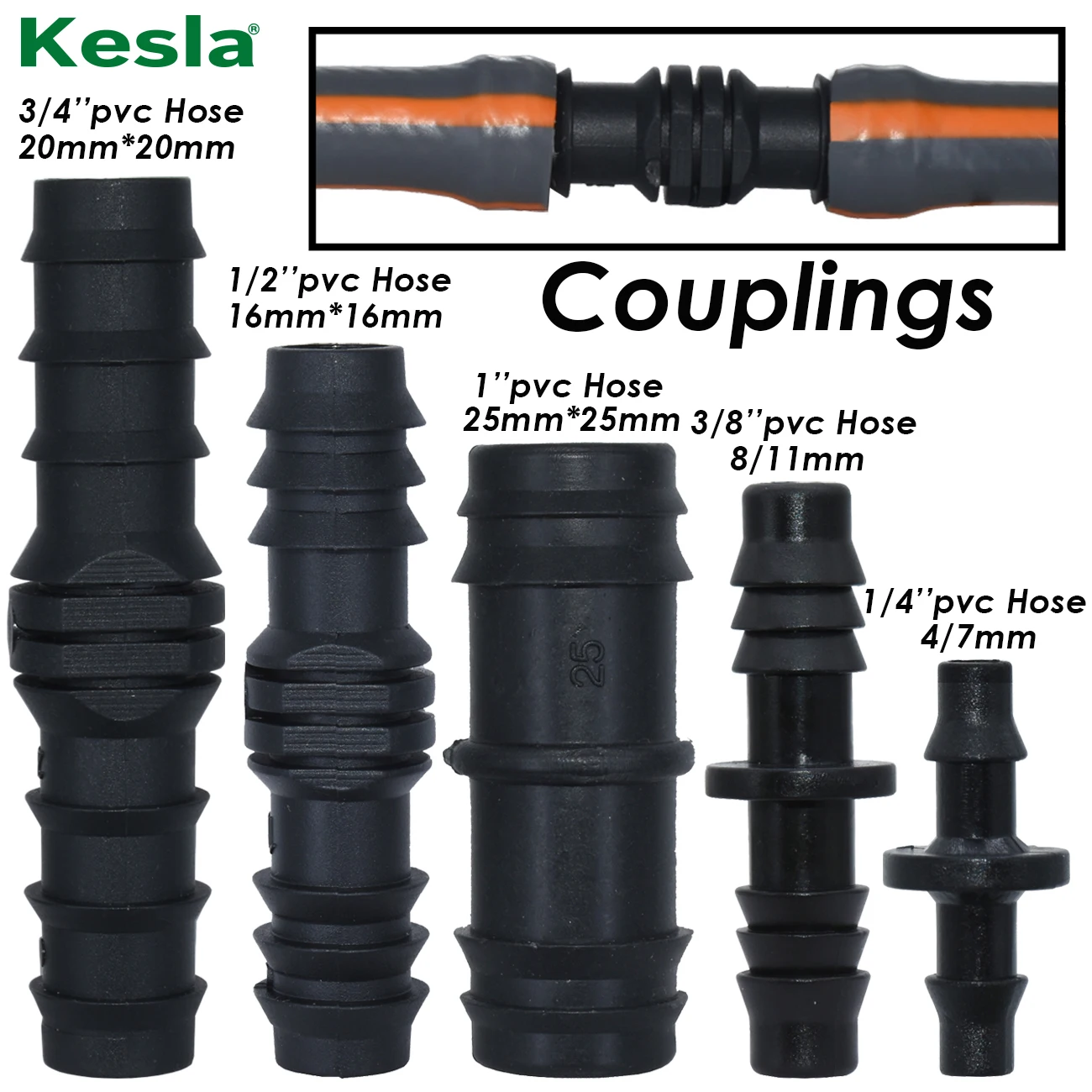 KESLA 1/4'' 3/8'' 3/4'' 1'' Garden Water Barbed Coupling Connecter DN16 DN20 DN25 Straight Adapter Micro Drip Irrigation Fitting