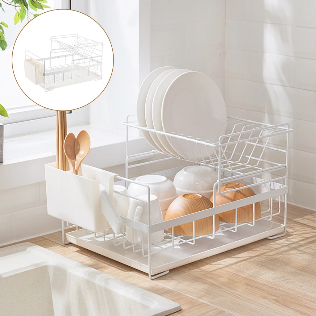 

Double Layer Dish Drainer with Drain Tray Towel Rack Dishes Storage Rack Drying Rack Kitchen Organizer Utensils Holder
