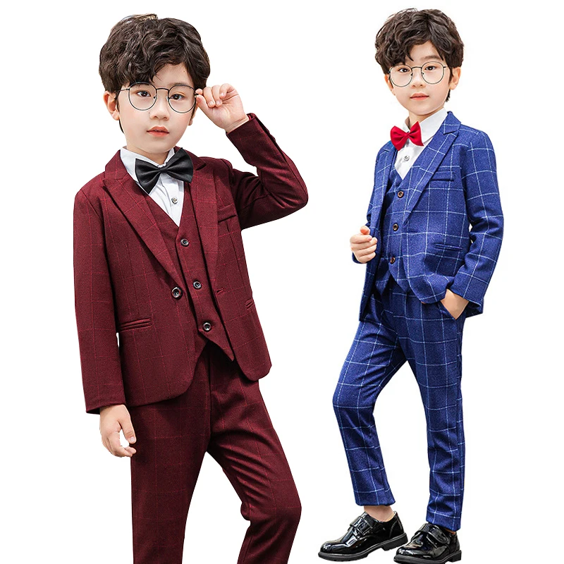 

2021 Formal Boys Wedding Suits Checkered Dress Children School Uniform Elegant Kids Costume Clothes Classic Business Outfits