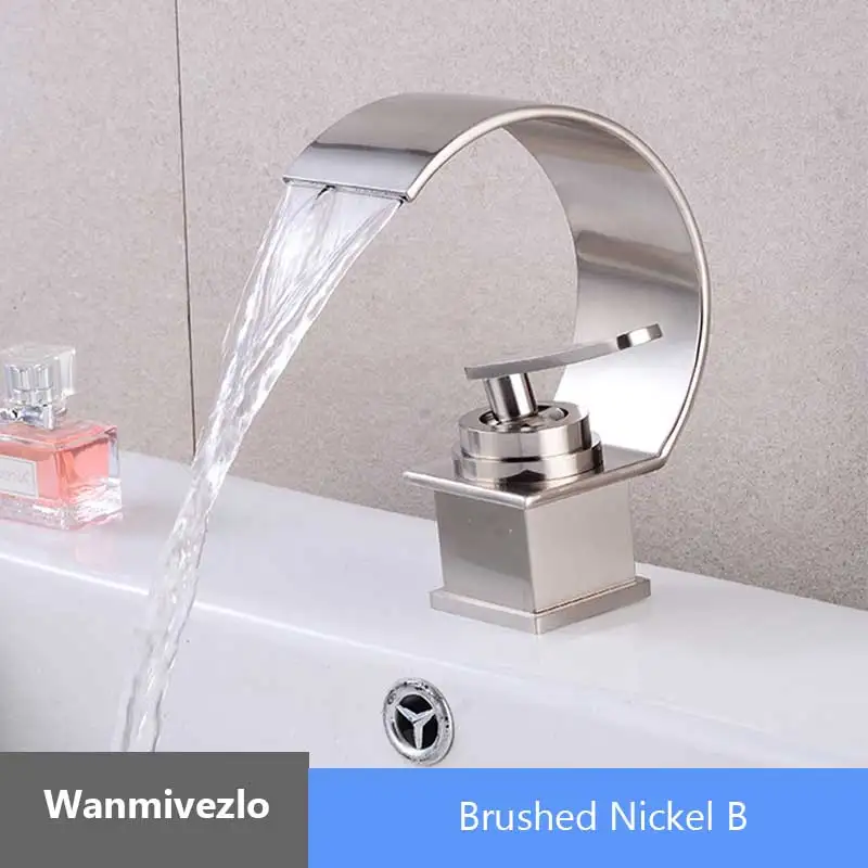 Brushed Nickel B Медный кран с одной ручкой и двумя ручками для горячей и холодной воды, смеситель для раковины, креативный водопад, водоотводный кран для ванной комнаты, смеситель для раковины - Цвет: Brushed Nickel B