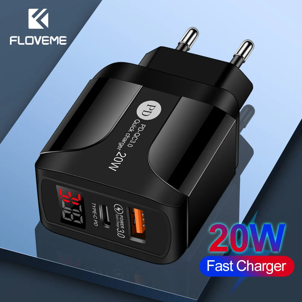 

FLOVEME 5V 4A Type C USB Charger Quick Charge 3.0 20W PD Fast Charging Digital Display Phone Charger For iPhone Samsung Xiaomi