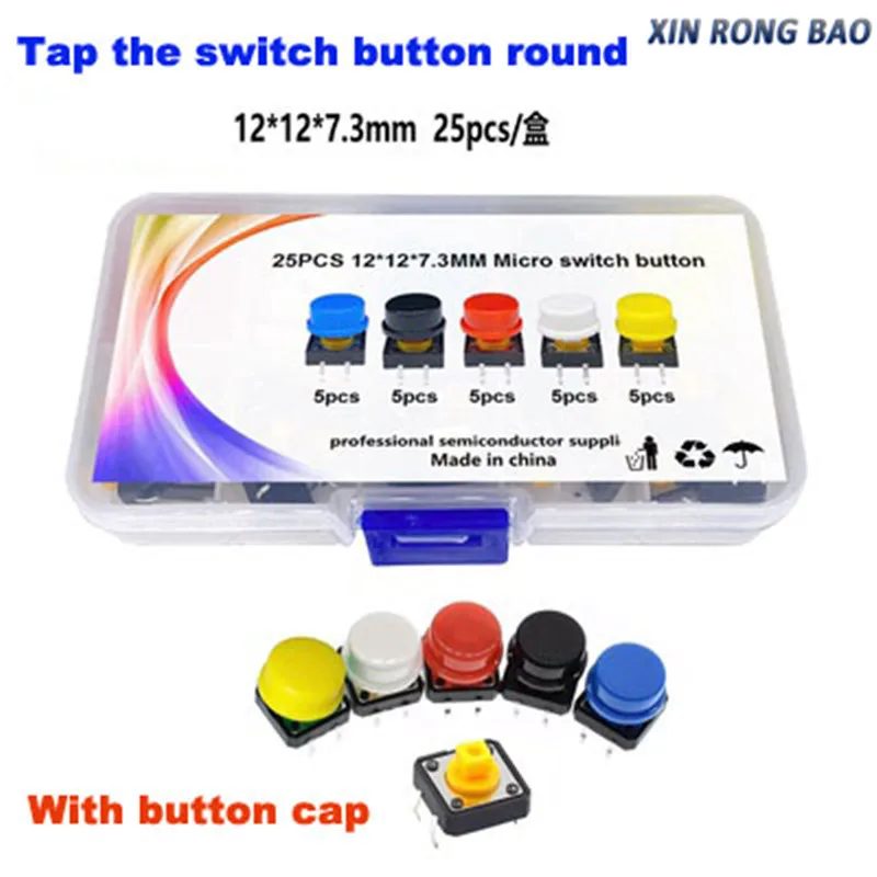 

25PCS Tactile Push Button Switch Momentary 12*12*7.3MM Micro switch button Tact Cap(5 colors) for Arduino Switch kit Box