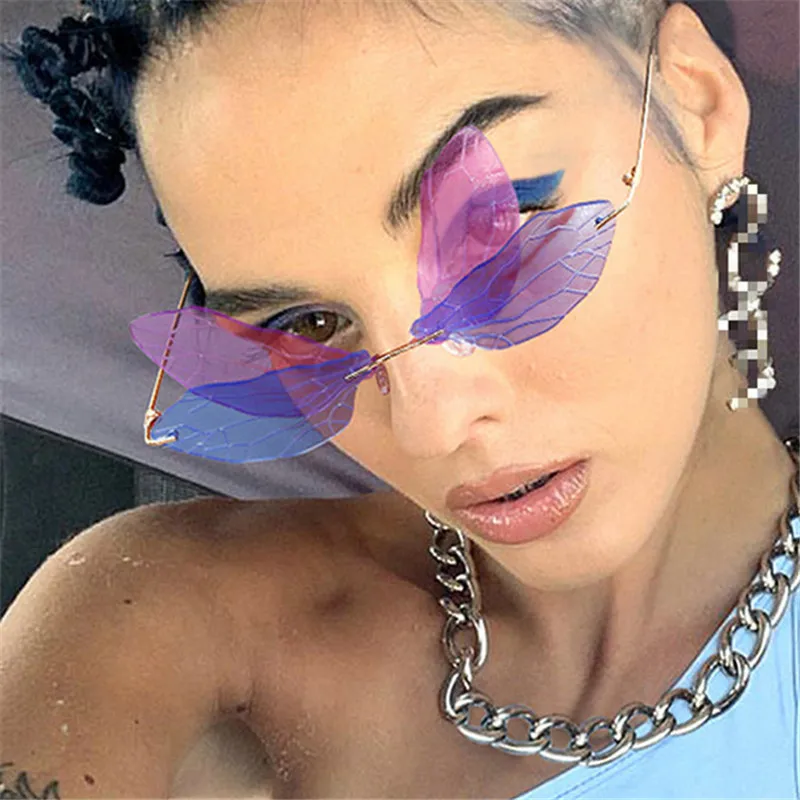 

Dragonfly Wing Rimless Sunglasses Women Vintage Retro Sun Glasses Female Steampunk Shades Gafas Ladies Ocean Lens Eyewear