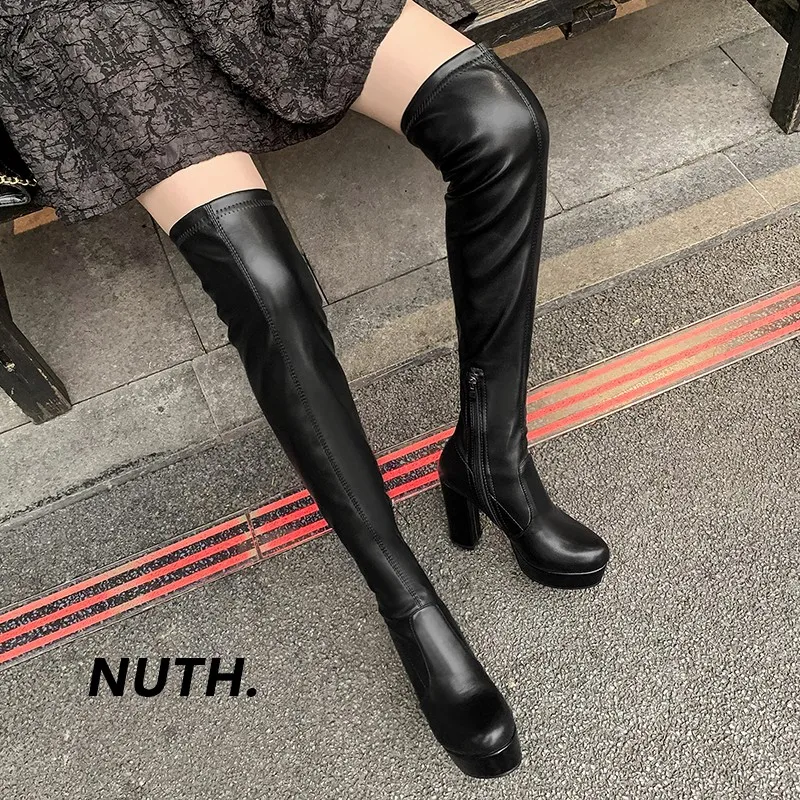 

Black Thigh High Long Boots Big Size 41 42 Stretch Suede Round Toe Platform Extra High Heels Over The Knee Zipper High Boots New