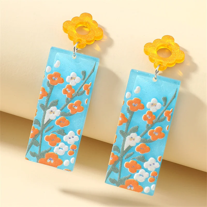 

Color Small Daisy Square Long Earrings New Color Three-Dimensional Embossed Earrings pendientes colgantes pendientes largos