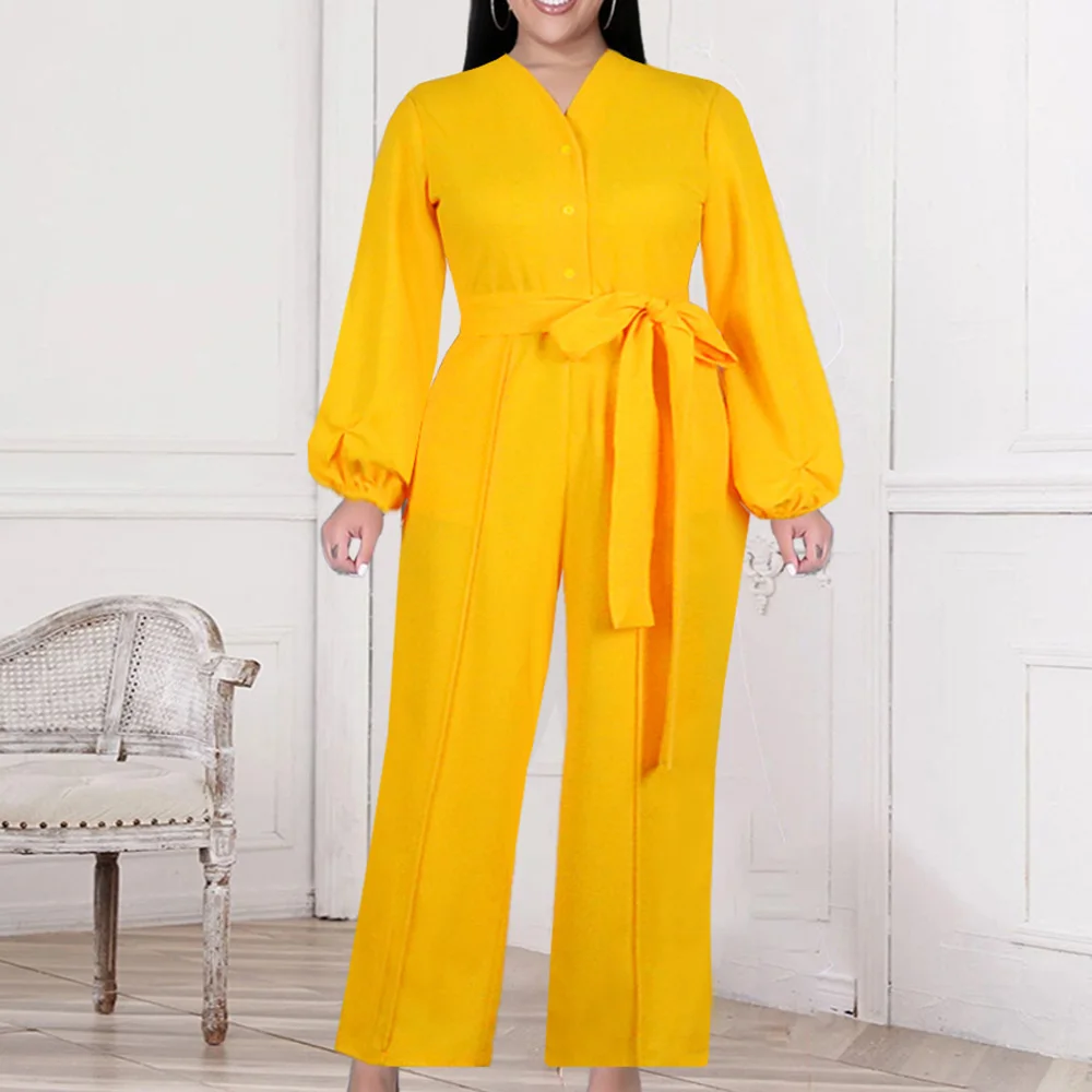 

Женский офисный комбинезон с поясом, однобортный Желтый Свободный комбинезон с рукавами-фонариками, комбинезон большого размера 5XL