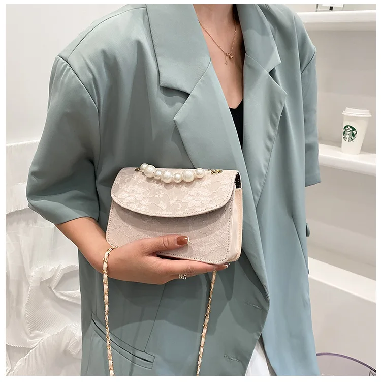 

Женские сумки через плечо, дизайнерские кружевные мини-сумки с жемчужным декором, квадратная цепочка, 2021