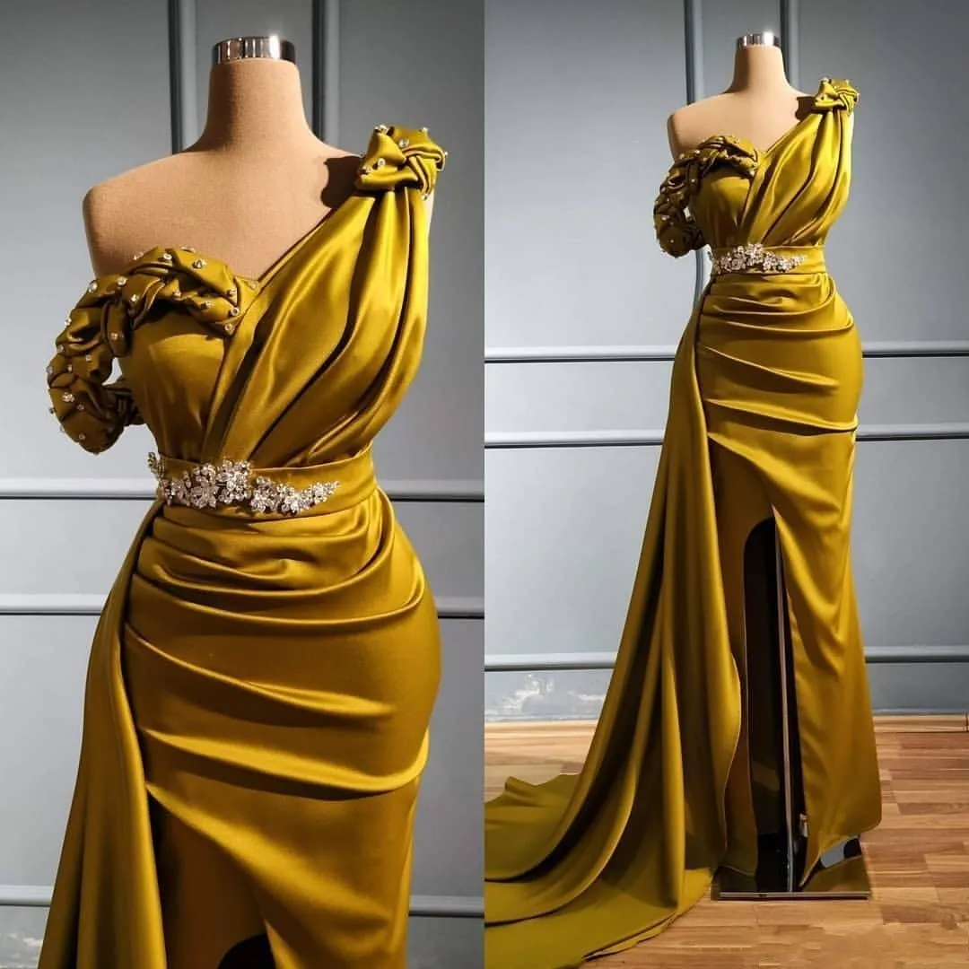 

Elegant Prom Dress Olive Green Mermaid Evening Dresses One Shoulder Beaded Sequins Pleat Slit Gowns Formal Dress vestidos