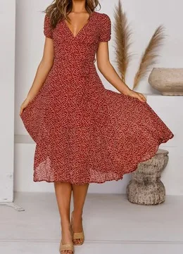 

Summer red flowy short sleeve v neck printed swing midi dress 3xl robe grande taille femme Plus size women clothes A-line dress