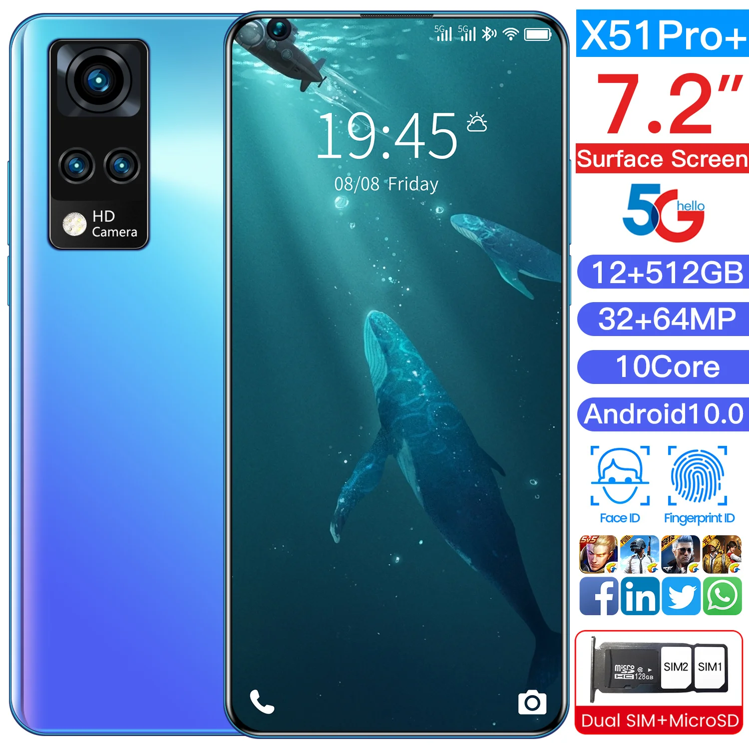 

X51PRO+ 7.2 Inch Smartphone Camera 32MP+64MP 5G Screen 6800mAh Android 10 Dual SIM Card 12GB+512GB mobile phone Face Unlock