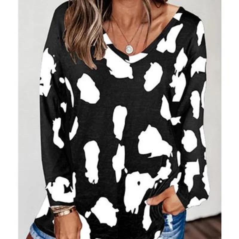 

Autumn winter ladies casual printed leopard print V-neck long-sleeved loose top Harajuku funny clothes T-shirt
