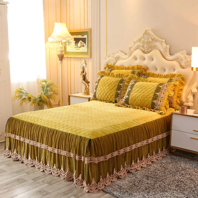 Зимнее плотное бархатное постельное белье наволочки с юбкой 1/3 шт. кружевное