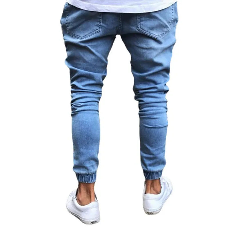 

New Men Stretchy Ripped Skinny Biker Embroidery Jeans Solid Color High Waist Taped Slim Fit Pencil Male Denim High Quality Jean