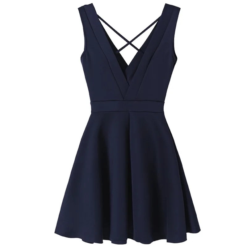 Robe de boîte de nuit pour femmes, coupe basse, fine et qui fuit, sexy, en Polyester, sans manches, longueur aux genoux, couleur unie, nouvelle collection