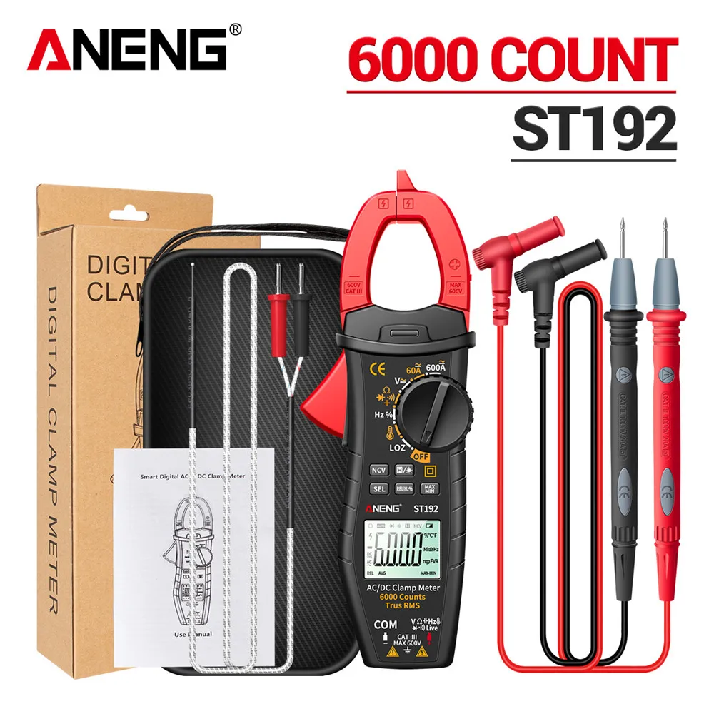 

ANENG ST192 Digital Clamp Meters Multimeter AC/DC Current 60A/600A Tester 6000 Counts True RMS Capacitance NCV Ohm Hz Transistor