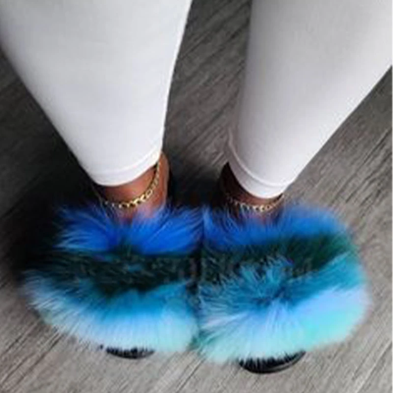 2021 Women New Multicolor Fuzzy Slippers Fashion Fuzzy Slides EVA Soft and Fluffy Fur Sandals Ladies Summer Flip Flops Fourrure images - 6
