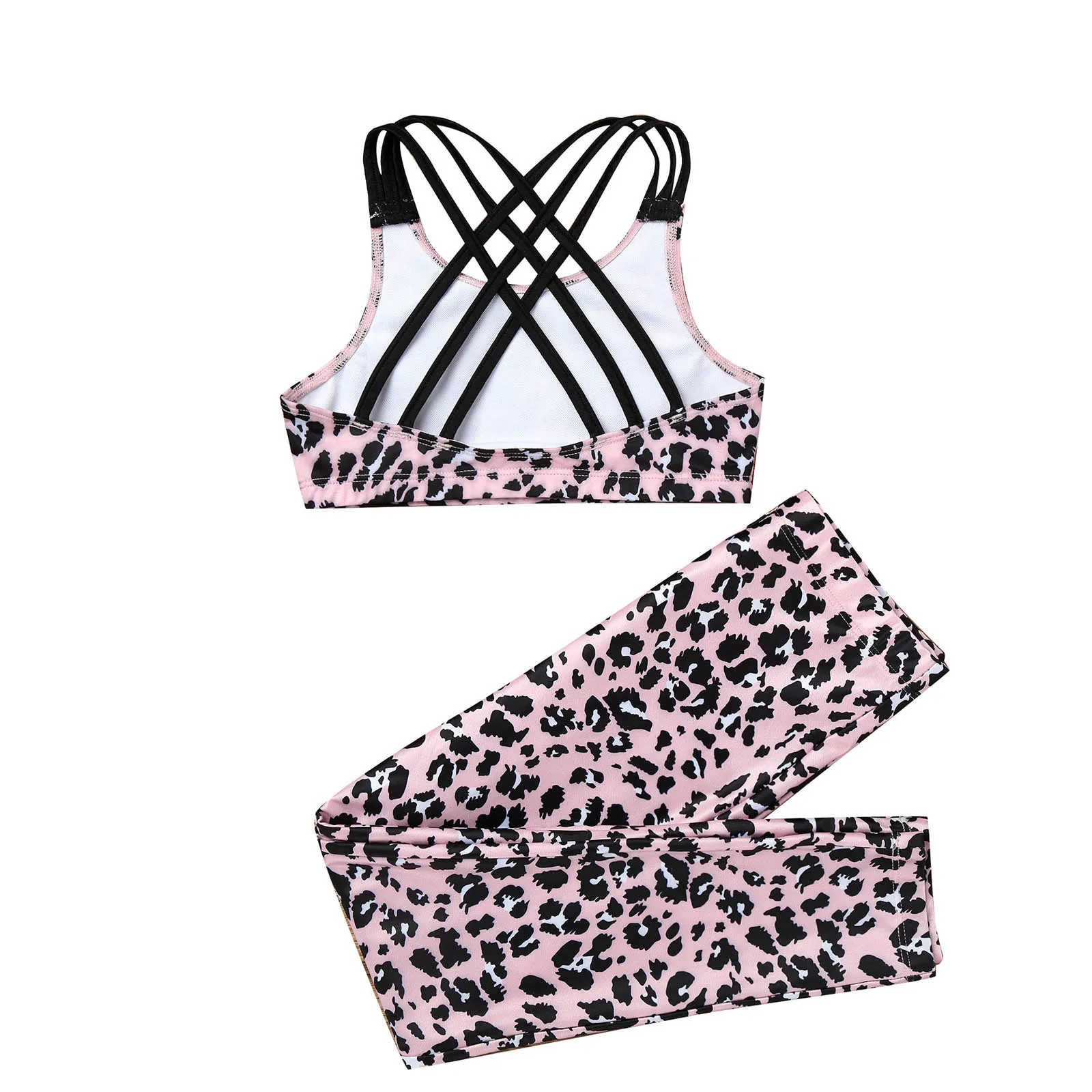 Kids Tracksuit Girls Leopard Sportswear Gym Yoga Sets for Gymnastic Sport Suit Sleeveless Crop Top + Pants Leggings Trousers